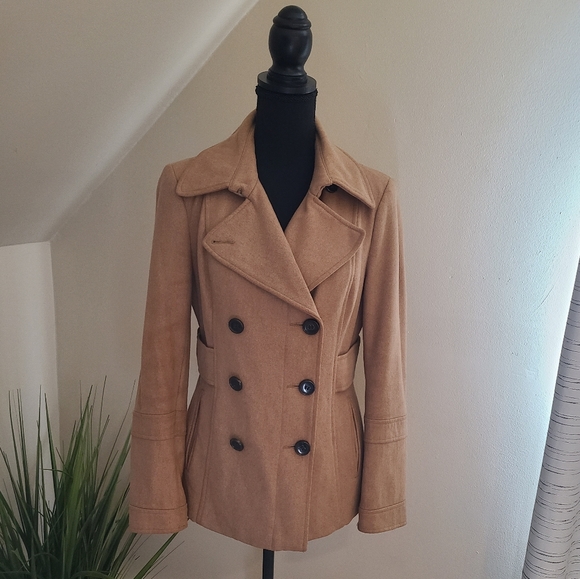 🌟MODA International Double-Breasted Wool-Blend Pea Coat, Camel Tan Size Small - Picture 1 of 9